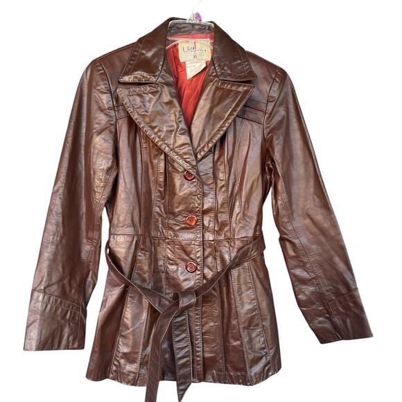 Vintage Wilsons Women Leather Jacket Size 12 Brown Button Up Waist Tie 80s Retro - Picture 1 of 9